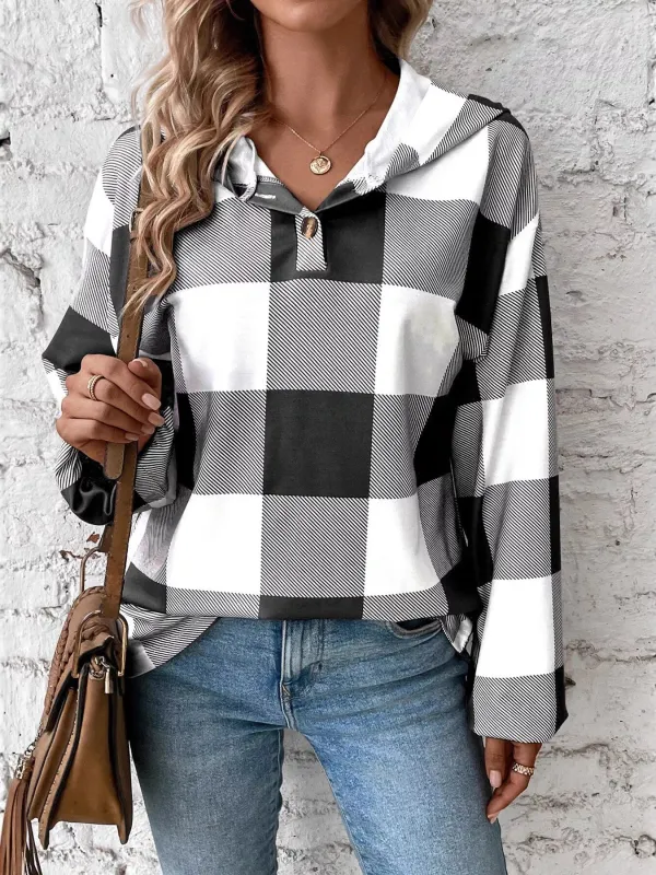 Casual Plaid Button Detail Hoodie sold by Charming Charlie