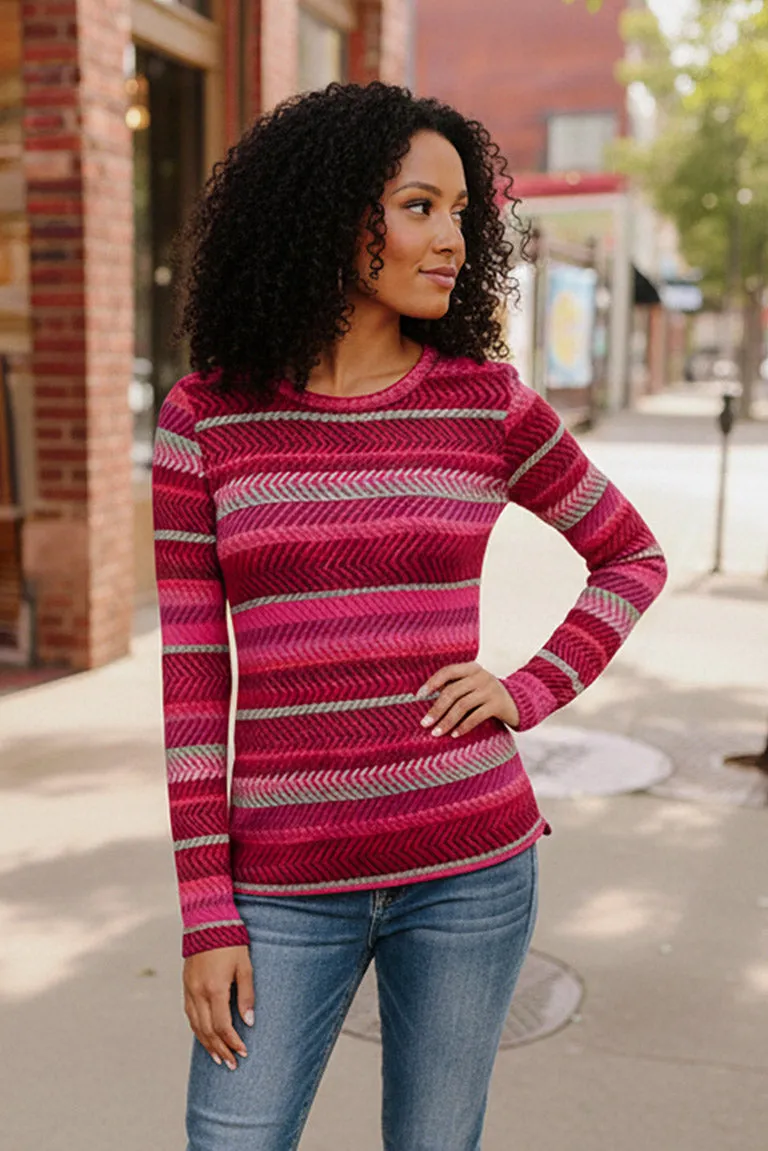 Keep Me Guessing Magenta Herringbone Long Sleeve sold by Charming Charlie