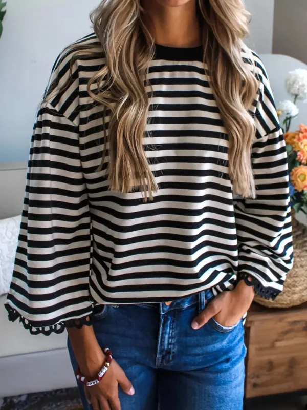 Striped Round Neck Bell Sleeve Top made by Trendsi