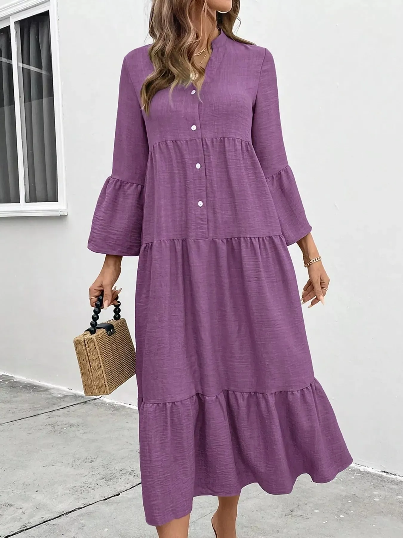 Ruffle Hem Button Front Tiered Dress sold by Charming Charlie product image thumbnail 4