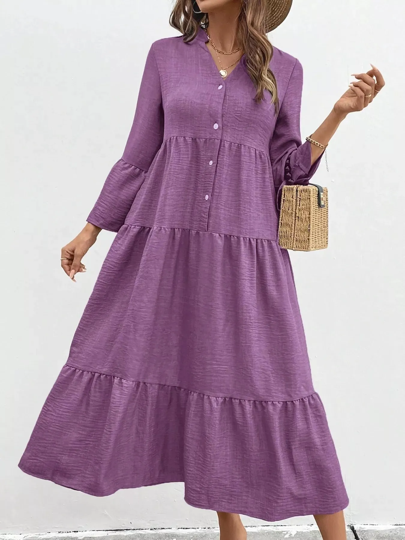 Ruffle Hem Button Front Tiered Dress sold by Charming Charlie