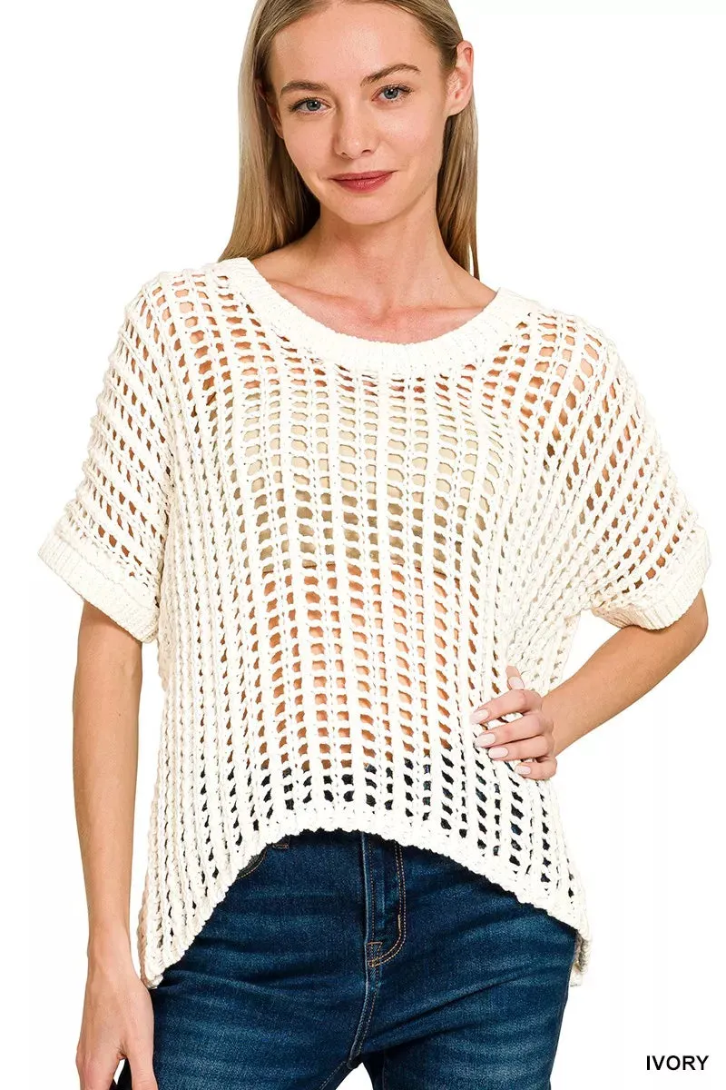 Zenana Fish Net Short Sleeve Crochet Knit Cover Up sold by Charming Charlie