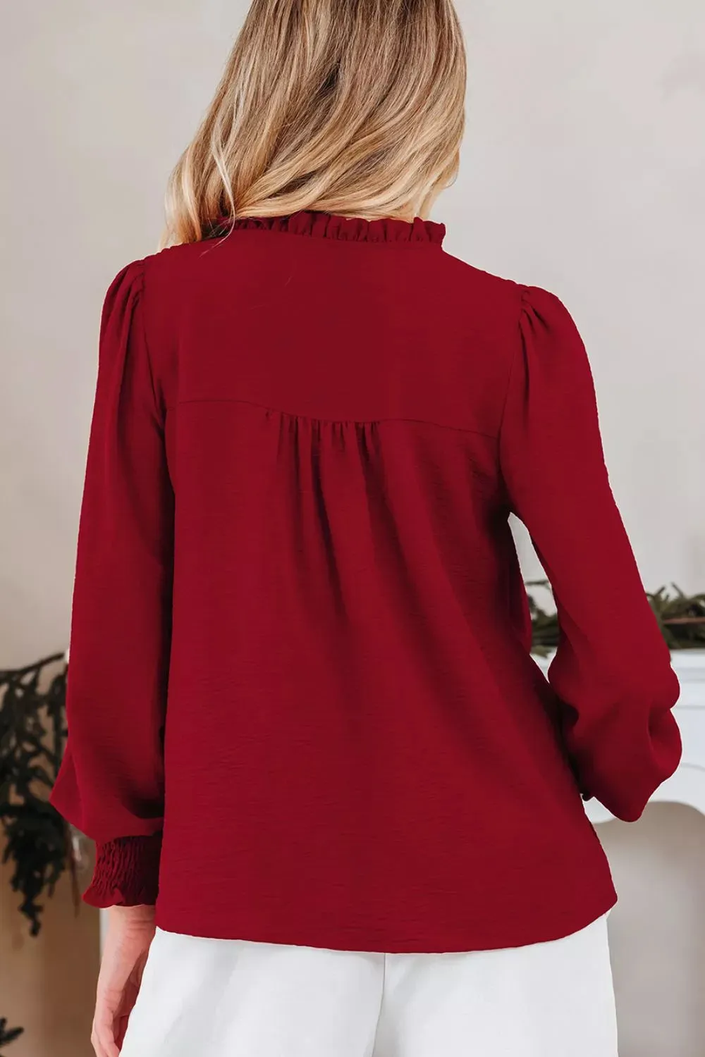 Notched Neck Shirred Cuff Long Sleeve Blouse sold by Charming Charlie product image thumbnail 2