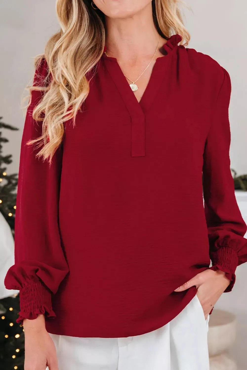 Notched Neck Shirred Cuff Long Sleeve Blouse sold by Charming Charlie product image thumbnail 3