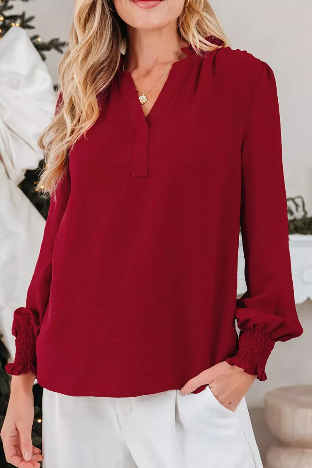 Notched Neck Shirred Cuff Long Sleeve Blouse sold by Charming Charlie product image thumbnail 4