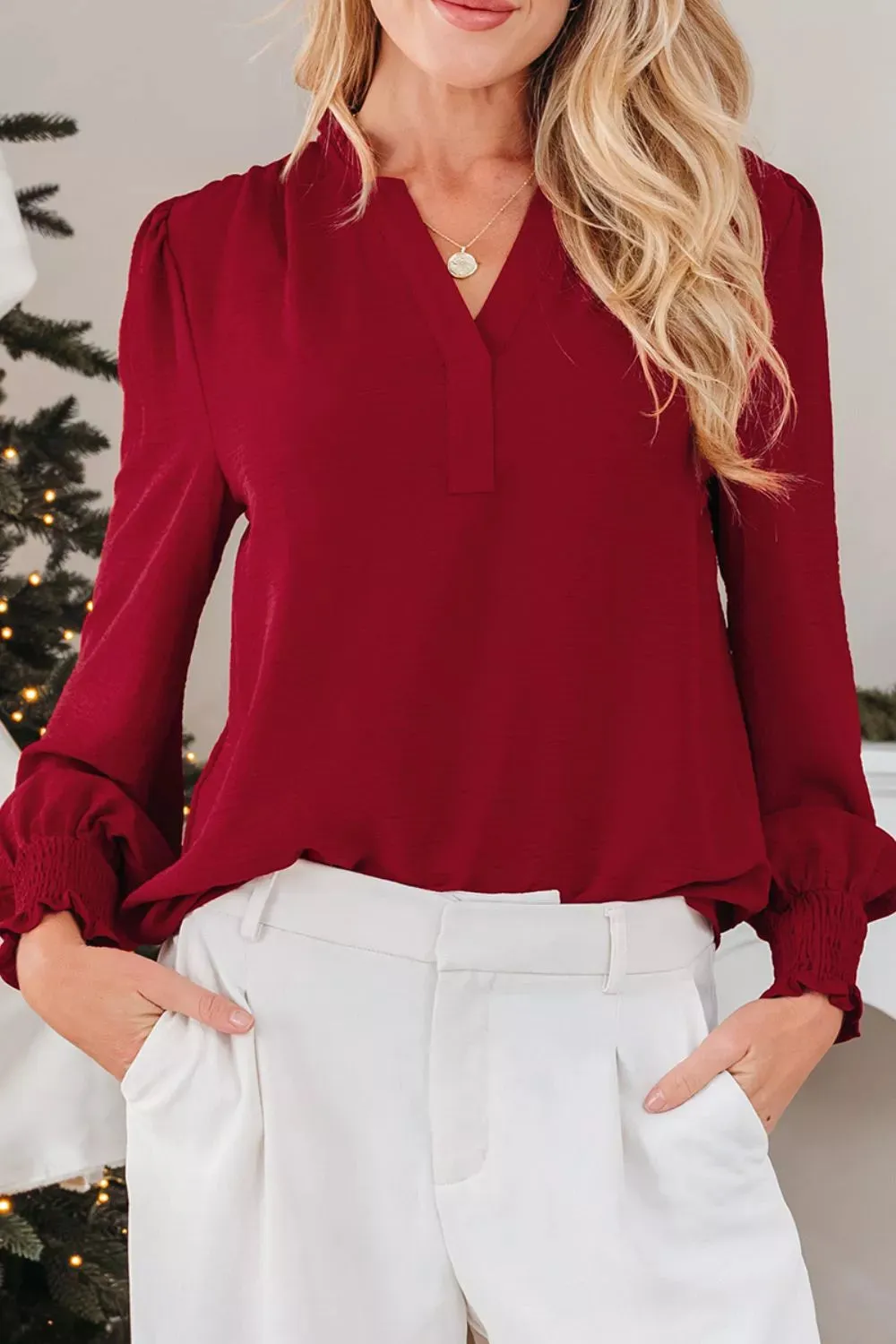 Notched Neck Shirred Cuff Long Sleeve Blouse sold by Charming Charlie