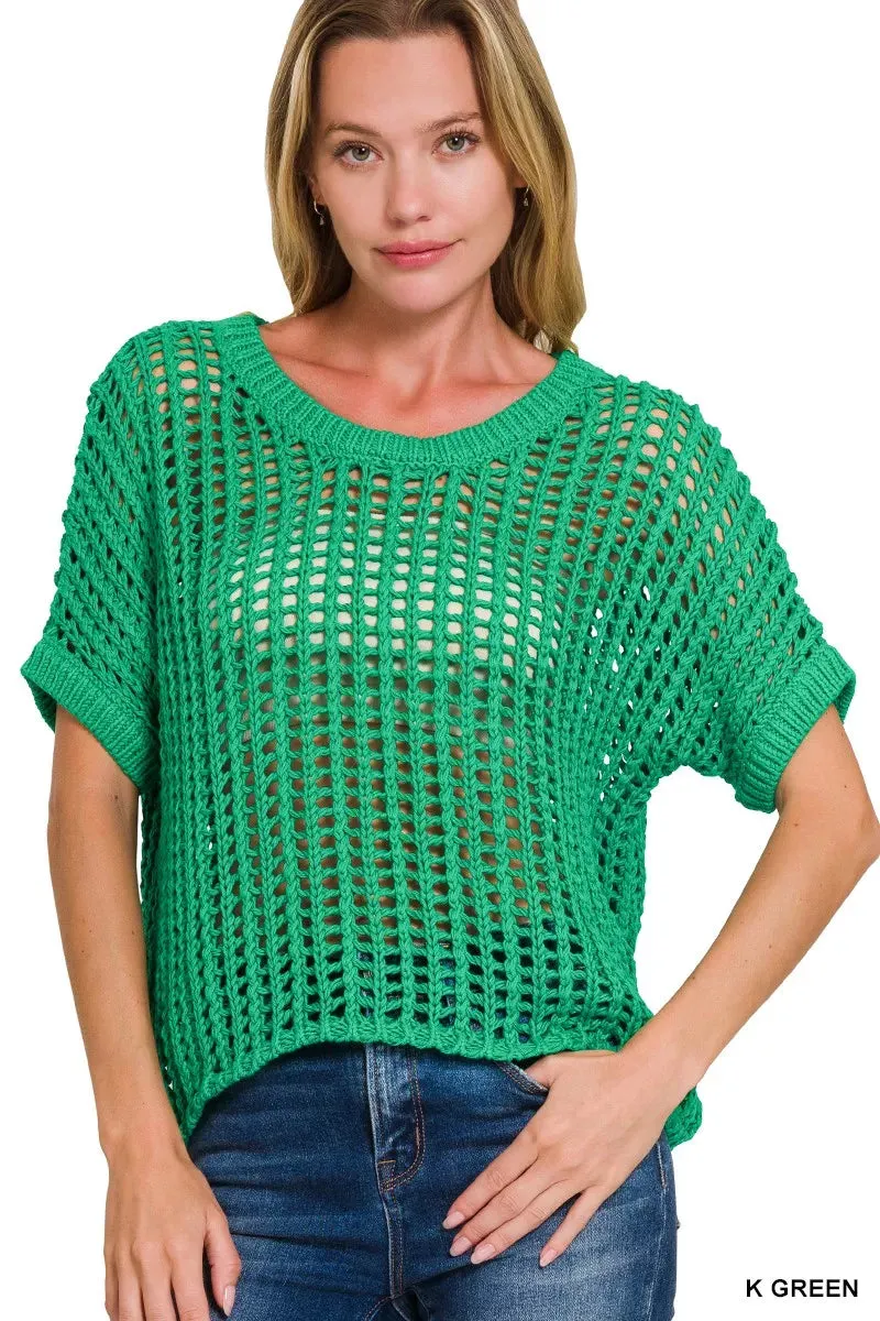 Zenana Fish Net Short Sleeve Crochet Knit Cover Up sold by Charming Charlie