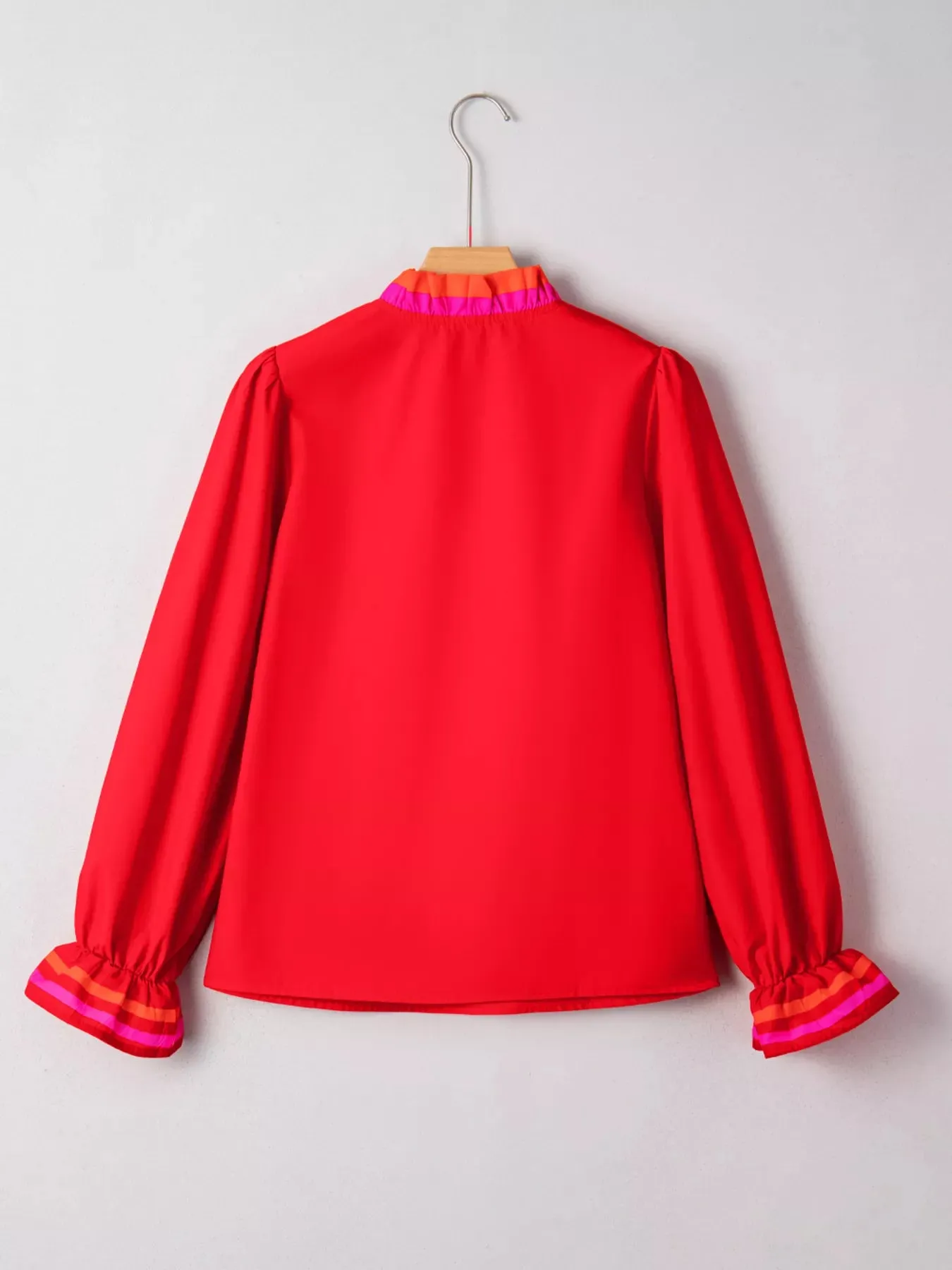 Striped Trim Ruffle Split Neck Long Sleeve Blouse sold by Charming Charlie product image thumbnail 3
