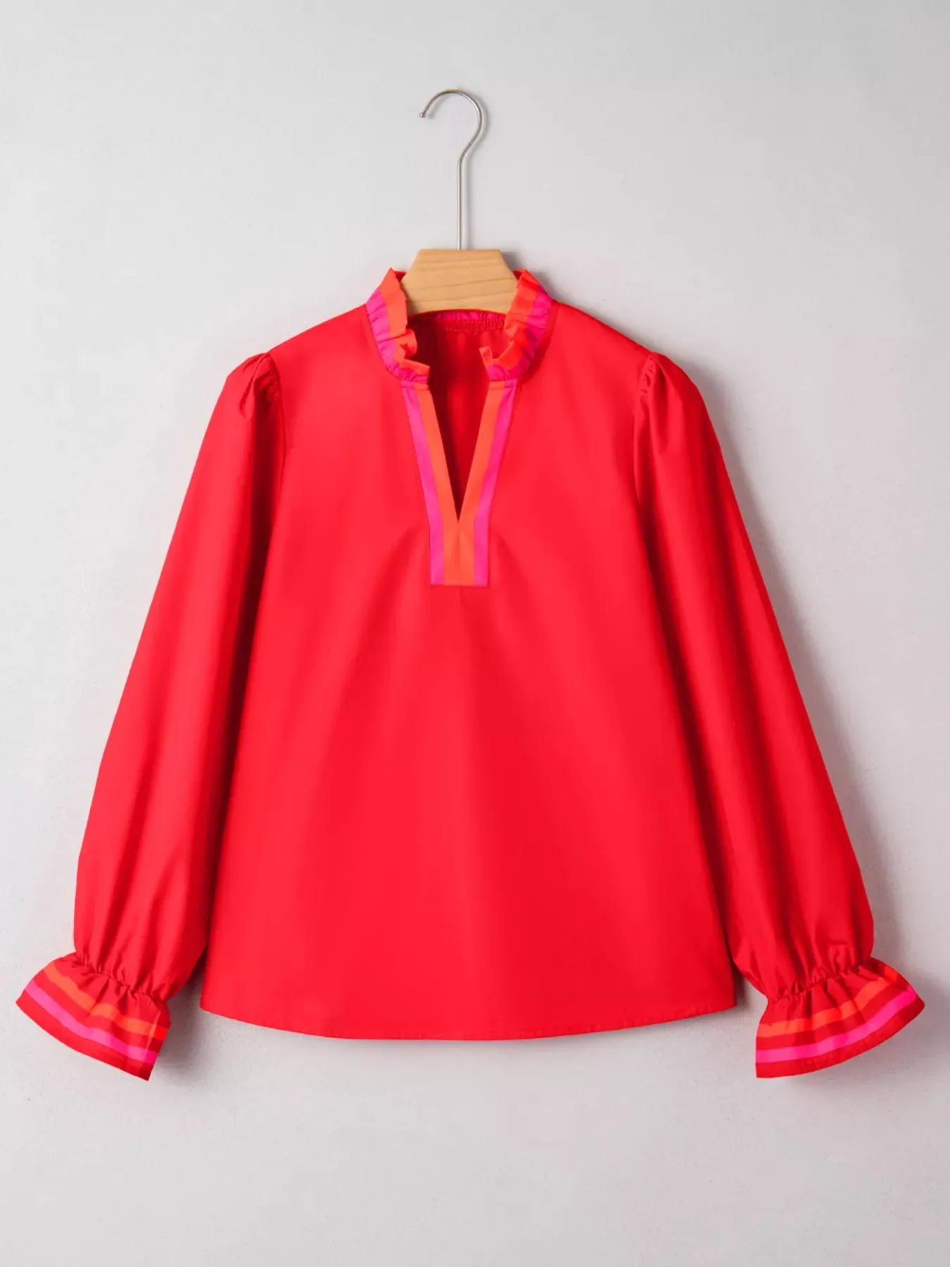 Striped Trim Ruffle Split Neck Long Sleeve Blouse sold by Charming Charlie product image thumbnail 2