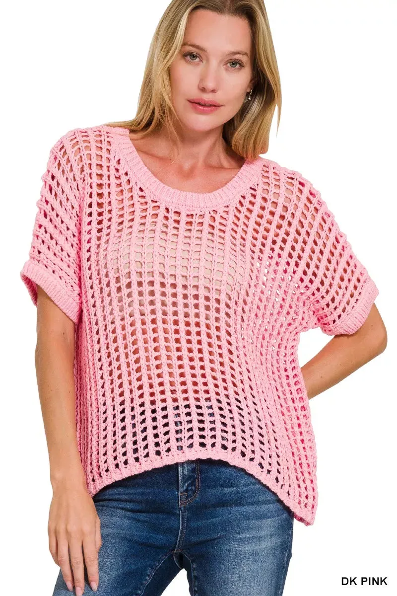 Zenana Fish Net Short Sleeve Crochet Knit Cover Up sold by Charming Charlie