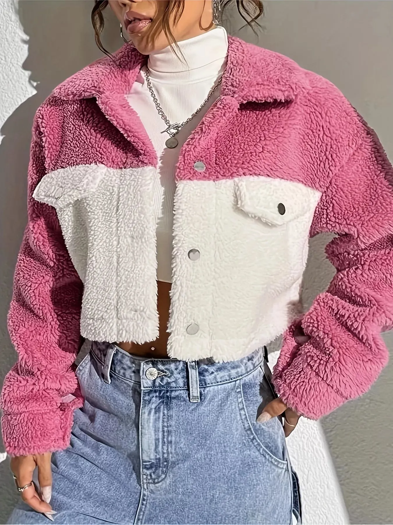Two-Tone Plush Cropped Jacket sold by Charming Charlie product image thumbnail 3