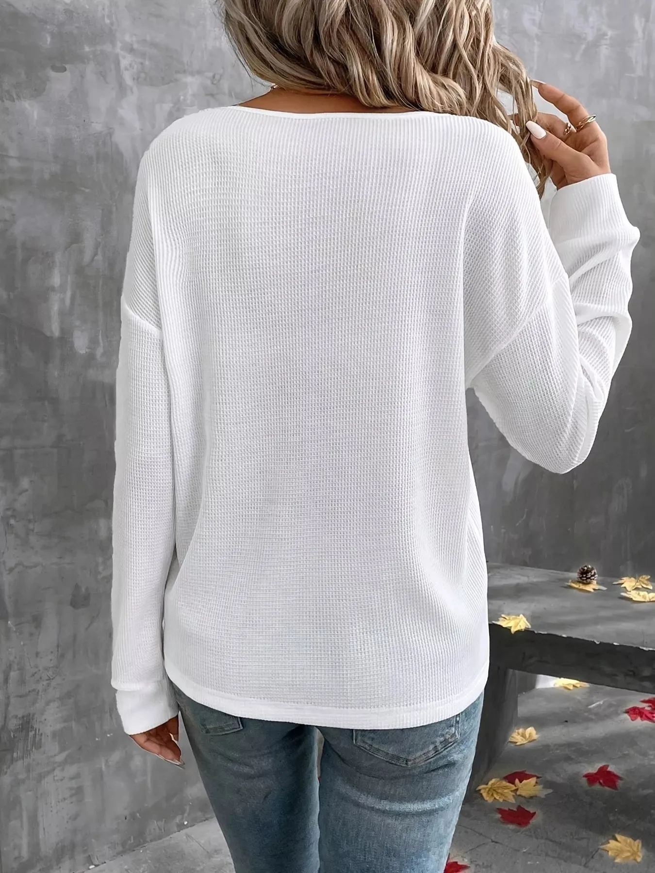 Plus Size V-Neck Long Sleeve Waffle Knit T-Shirt sold by Charming Charlie product image thumbnail 5