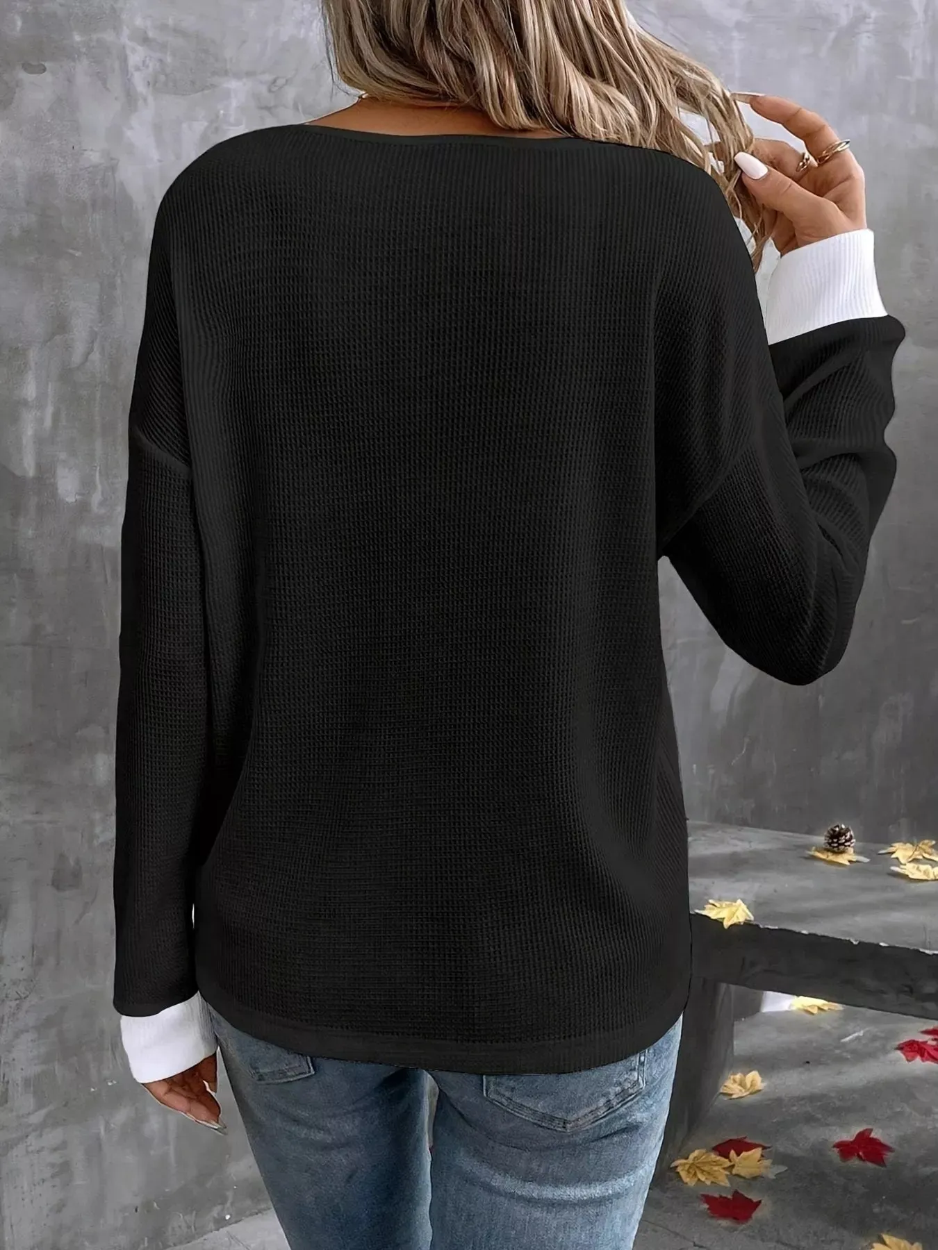 Plus Size V-Neck Long Sleeve Waffle Knit T-Shirt sold by Charming Charlie product image thumbnail 2