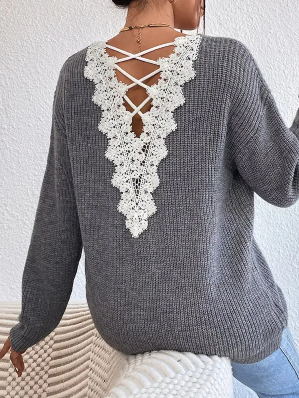 Lace-Trimmed Back V-Neck Sweater sold by Charming Charlie