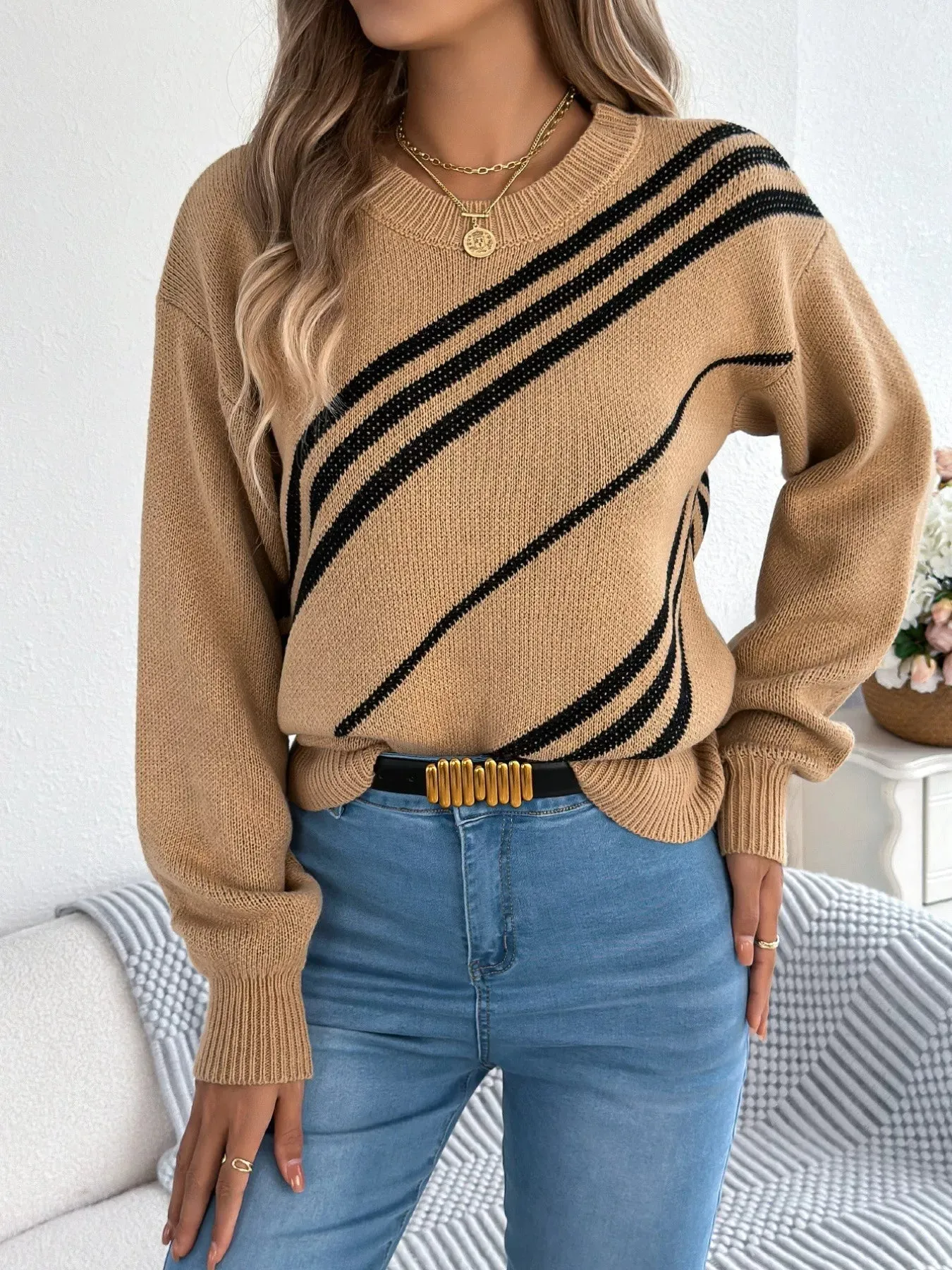 Striped Pattern Casual Round Neck Sweater sold by Charming Charlie product image thumbnail 3
