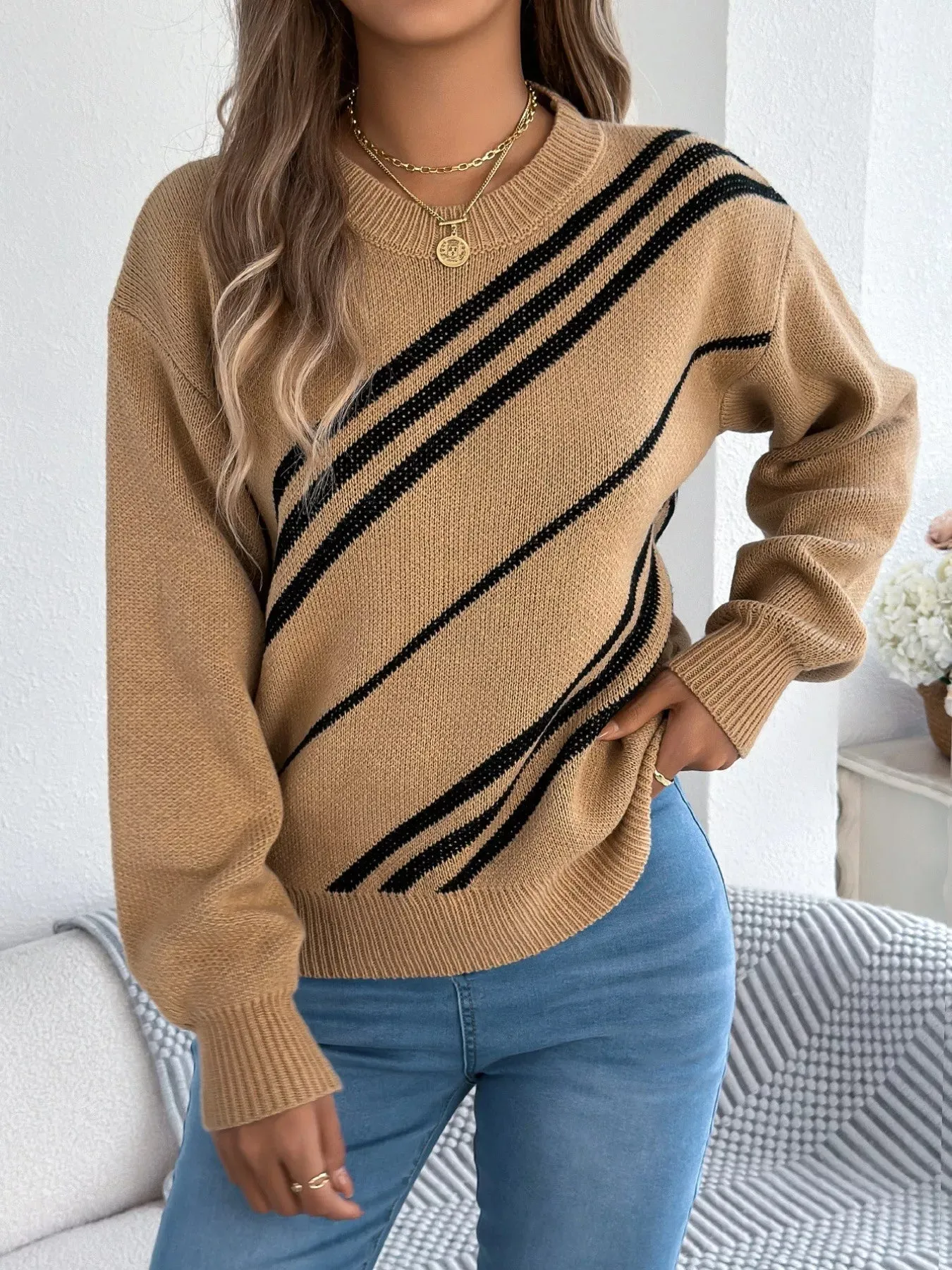 Striped Pattern Casual Round Neck Sweater sold by Charming Charlie product image thumbnail 4