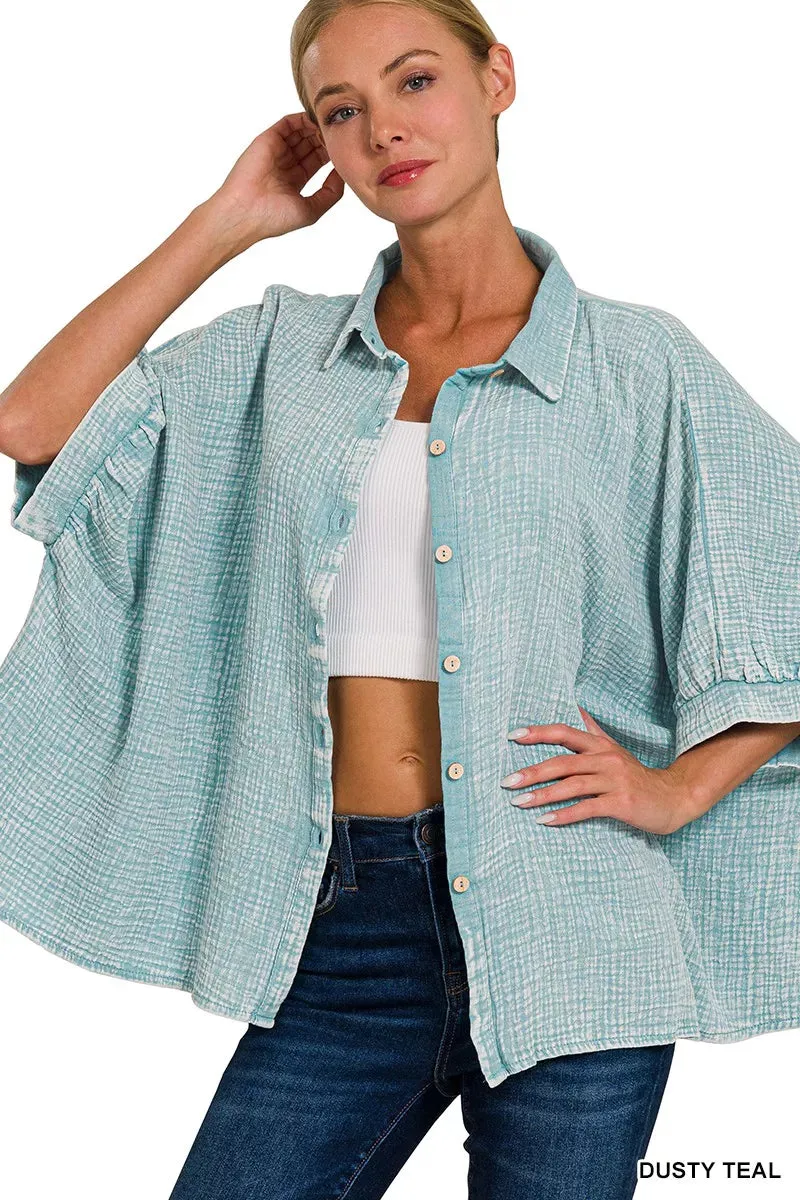 Zenana Washed Double Gauze Button Down Half Sleeve Shirt sold by Charming Charlie product image thumbnail 2