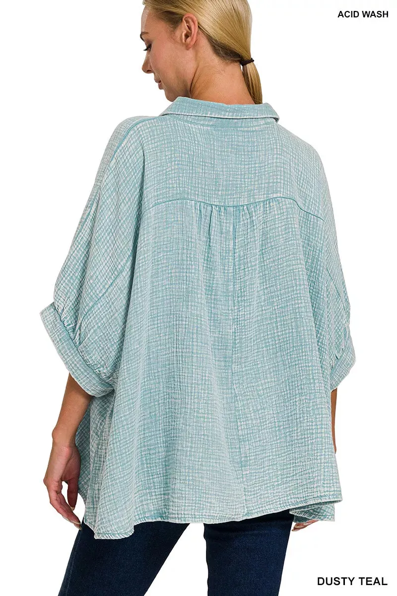 Zenana Washed Double Gauze Button Down Half Sleeve Shirt sold by Charming Charlie product image thumbnail 3