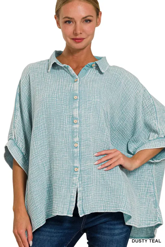 Zenana Washed Double Gauze Button Down Half Sleeve Shirt sold by Charming Charlie