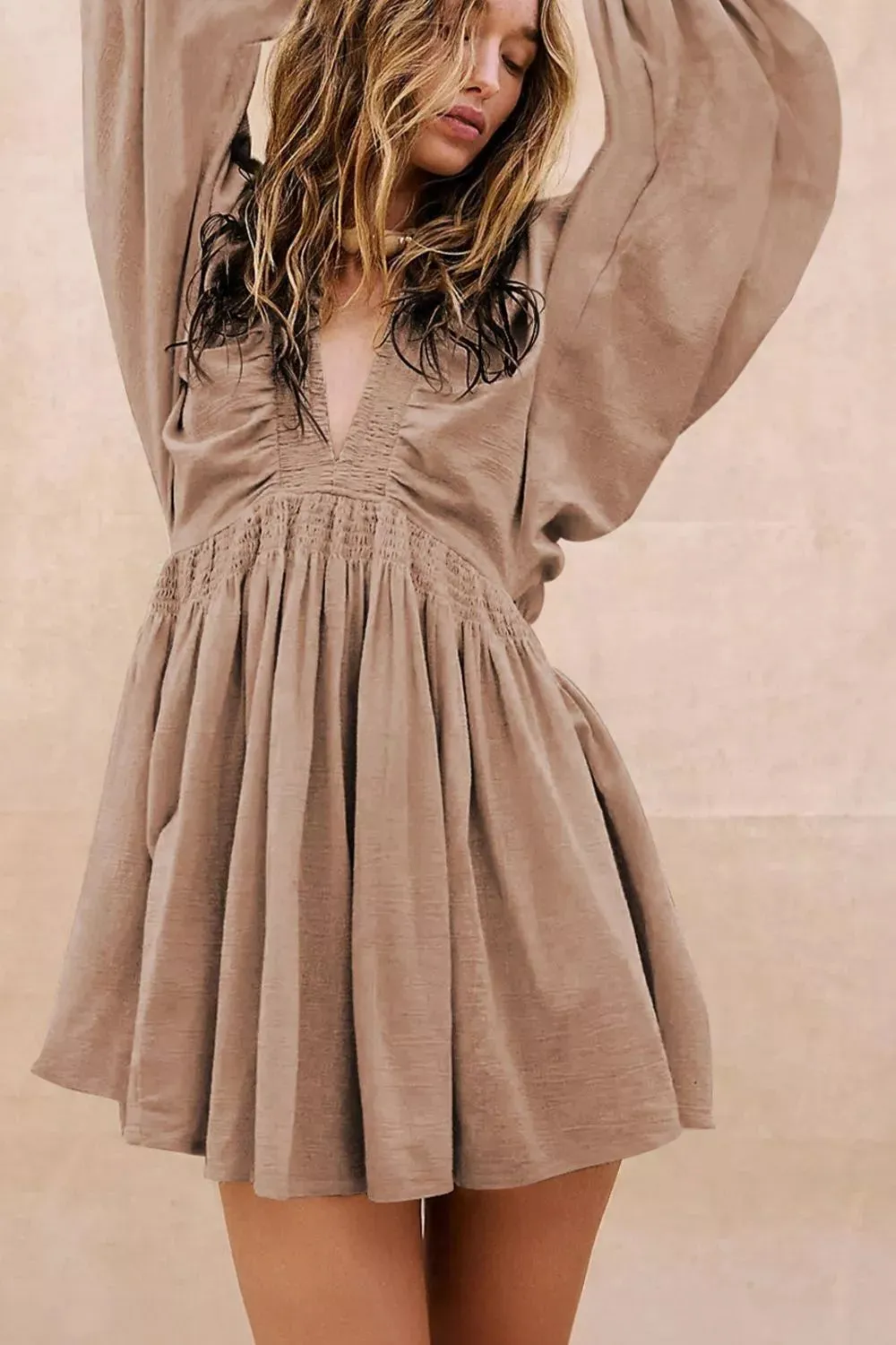 Smocked V-Neck Balloon Sleeve Dress sold by Charming Charlie product image thumbnail 3