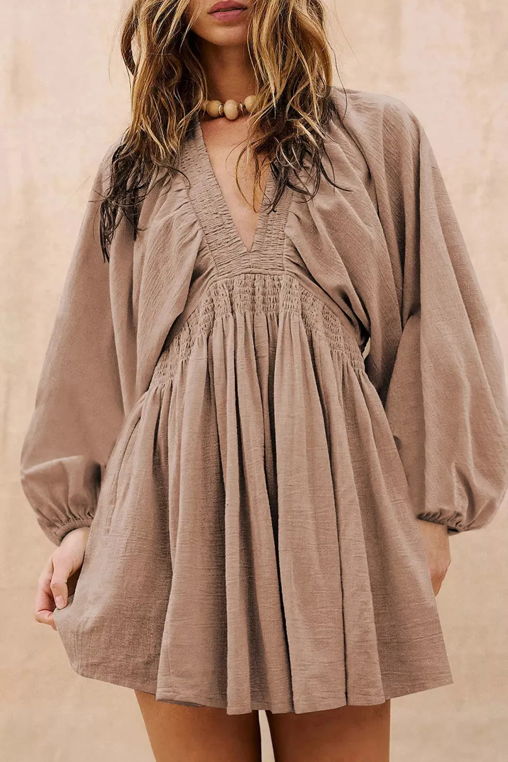 Smocked V-Neck Balloon Sleeve Dress sold by Charming Charlie