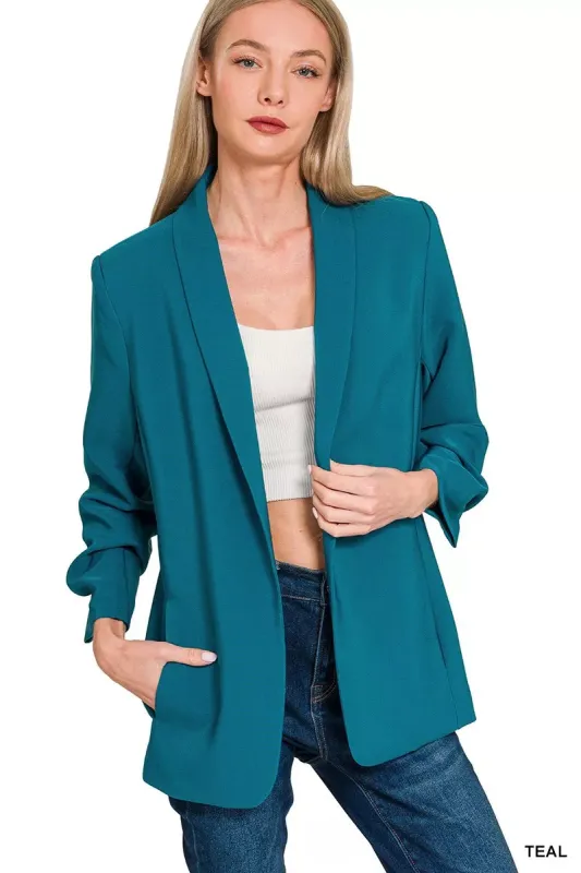 Zenana Woven 3/4 Ruched Sleeve Open Front Classic Blazer sold by Charming Charlie