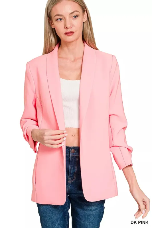 Zenana Woven 3/4 Ruched Sleeve Open Front Classic Blazer sold by Charming Charlie