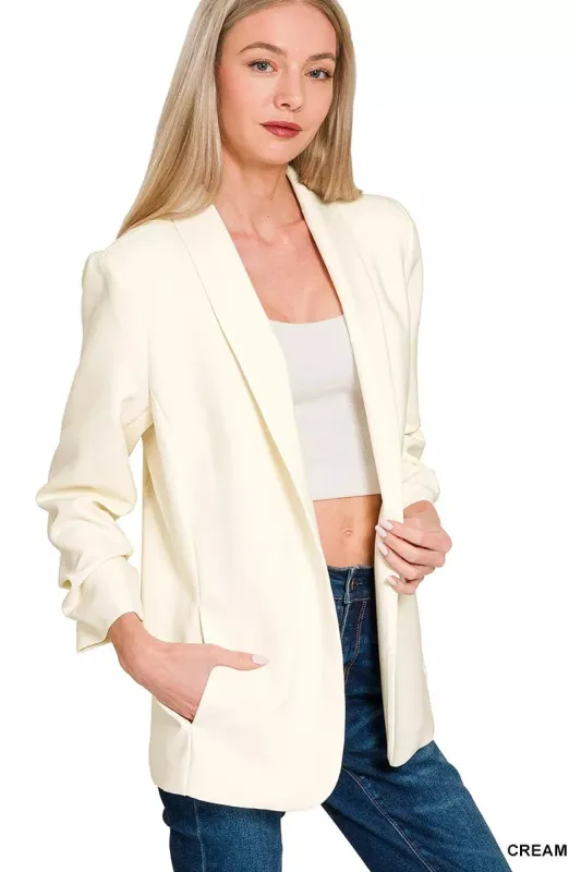 Zenana Woven 3/4 Ruched Sleeve Open Front Classic Blazer sold by Charming Charlie