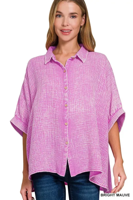 Zenana Washed Double Gauze Button Down Half Sleeve Shirt sold by Charming Charlie