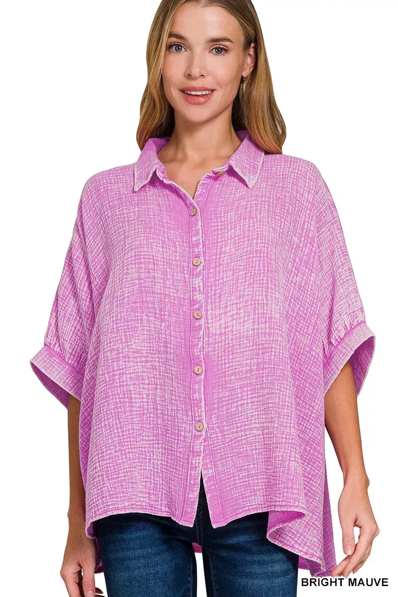 Zenana Washed Double Gauze Button Down Half Sleeve Shirt sold by Charming Charlie