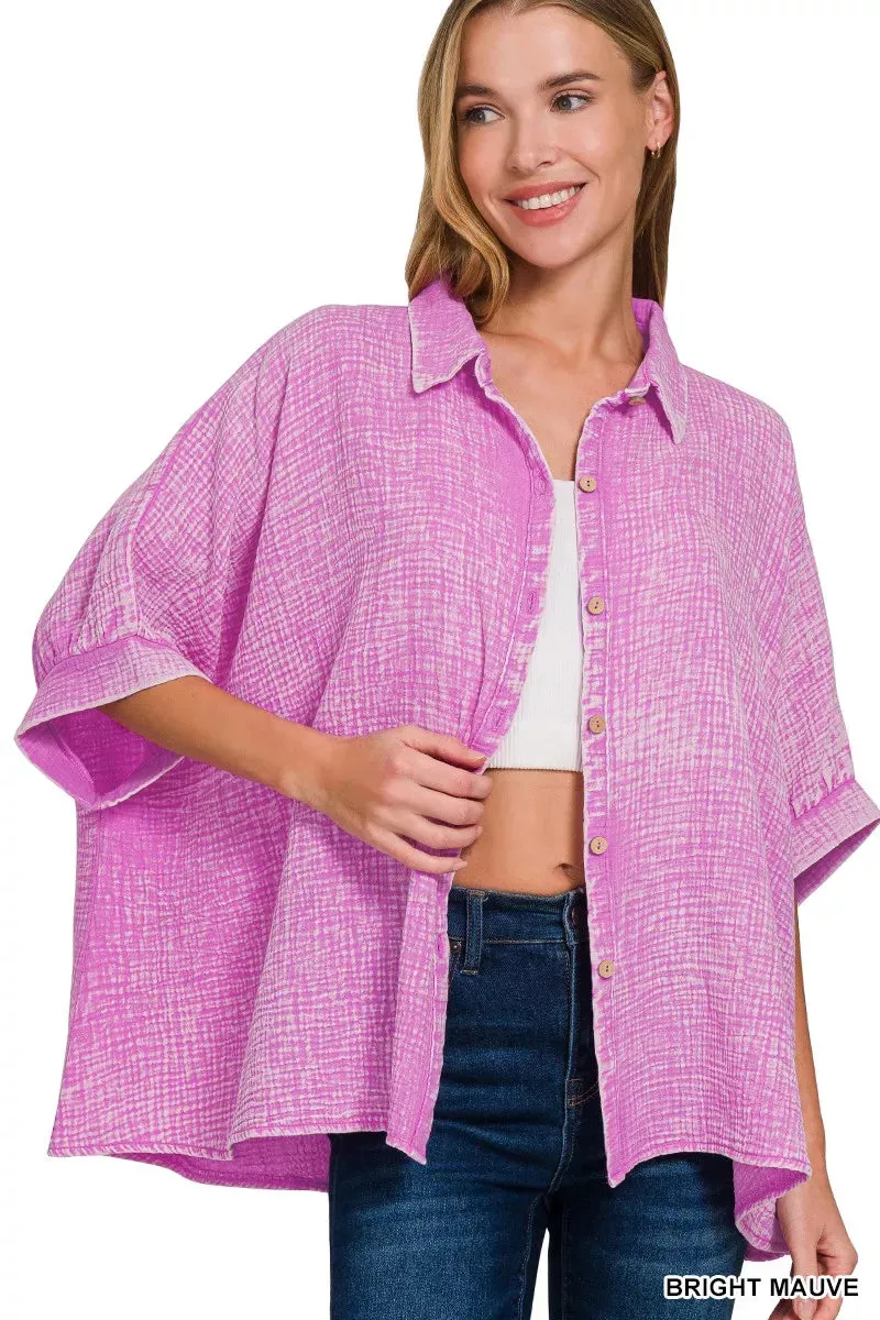 Zenana Washed Double Gauze Button Down Half Sleeve Shirt sold by Charming Charlie product image thumbnail 2