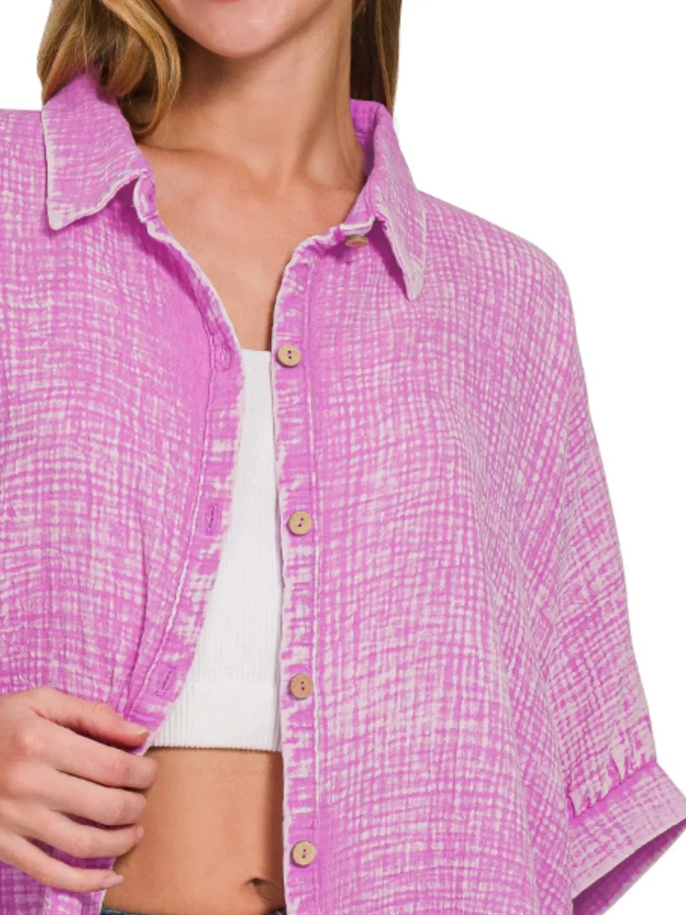 Zenana Washed Double Gauze Button Down Half Sleeve Shirt sold by Charming Charlie product image thumbnail 3