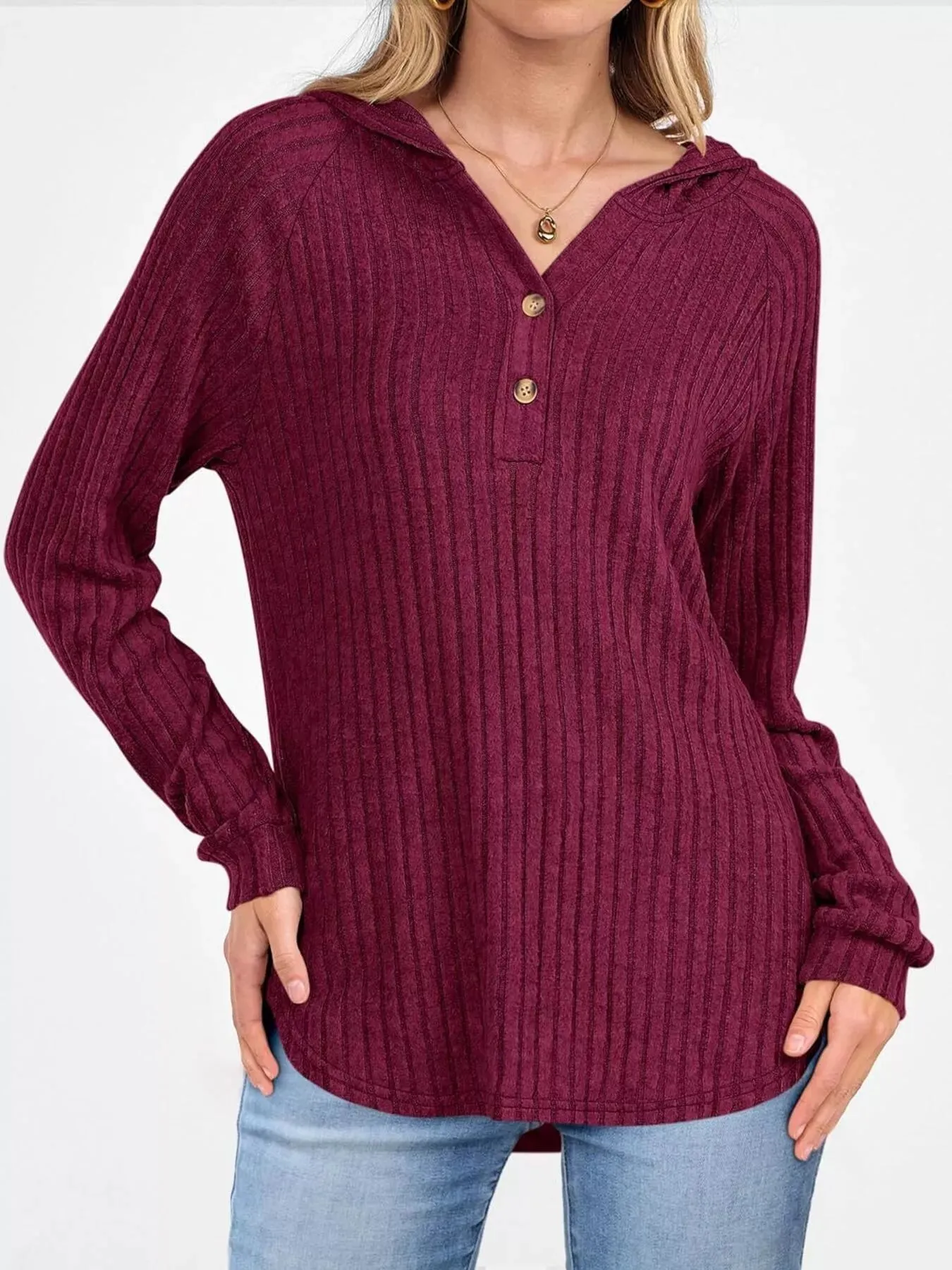 Full Size Ribbed Knit Button Detail Hooded Top Plus Size sold by Charming Charlie product image thumbnail 2