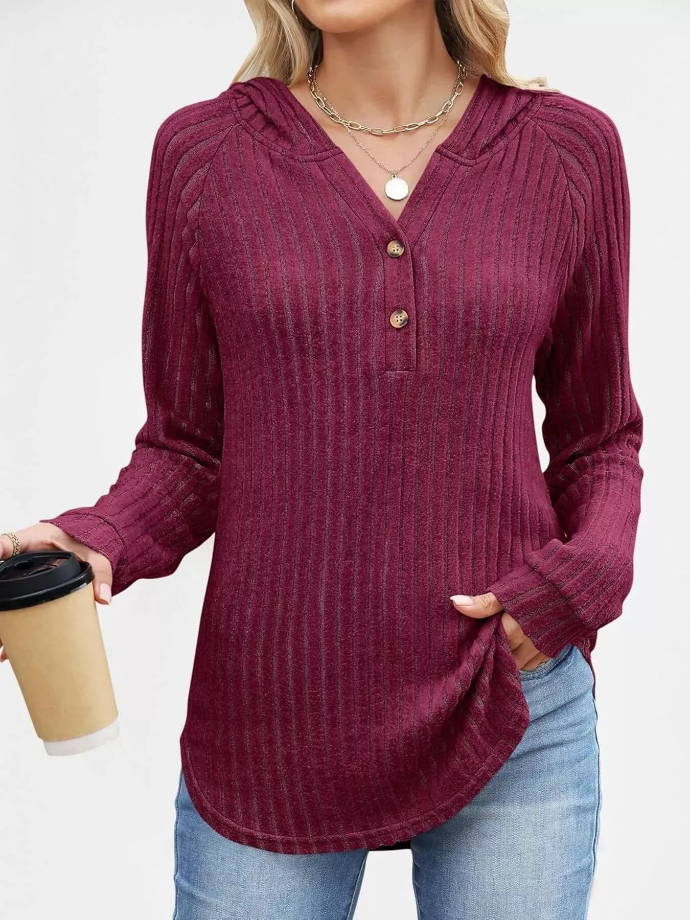 Full Size Ribbed Knit Button Detail Hooded Top Plus Size sold by Charming Charlie product image thumbnail 3
