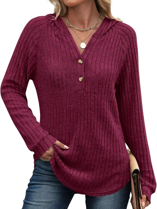Full Size Ribbed Knit Button Detail Hooded Top Plus Size sold by Charming Charlie