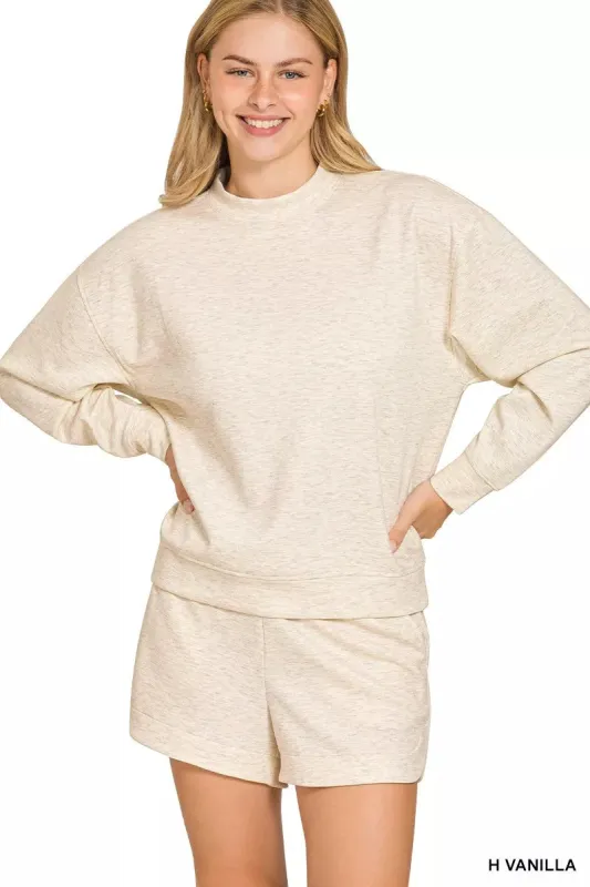 Zenana Scuba Long Sleeve Sweatshirt and Shorts Set sold by Charming Charlie
