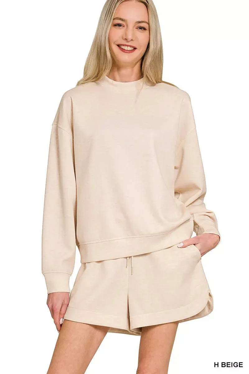 Zenana Scuba Long Sleeve Sweatshirt and Shorts Set sold by Charming Charlie