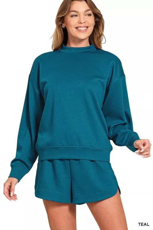 Zenana Scuba Long Sleeve Sweatshirt and Shorts Set sold by Charming Charlie