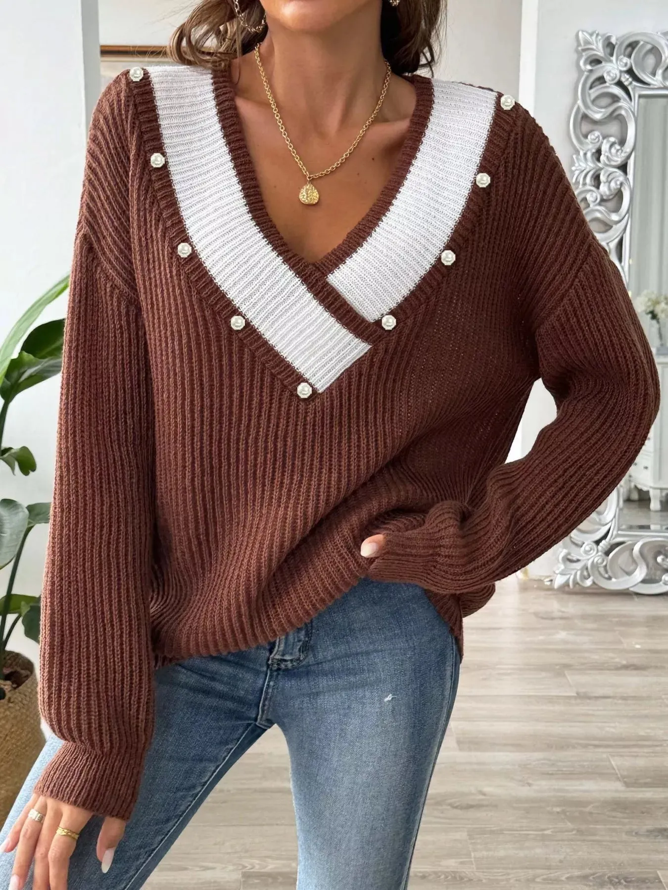 V-Neck Button-Decorated Sweater sold by Charming Charlie