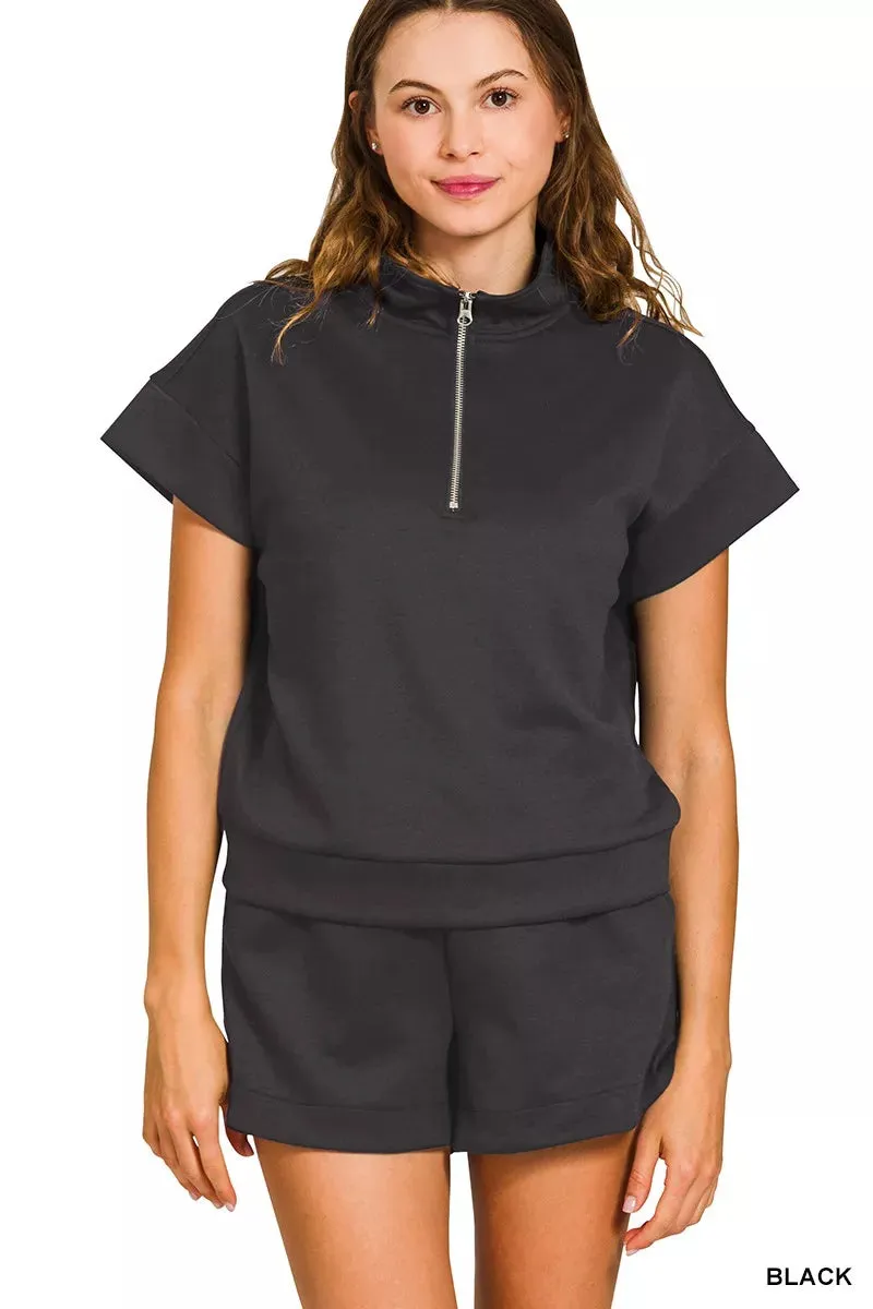 Zenana Scuba High Neck Half Zip Top and Dolphin Shorts Set sold by Charming Charlie