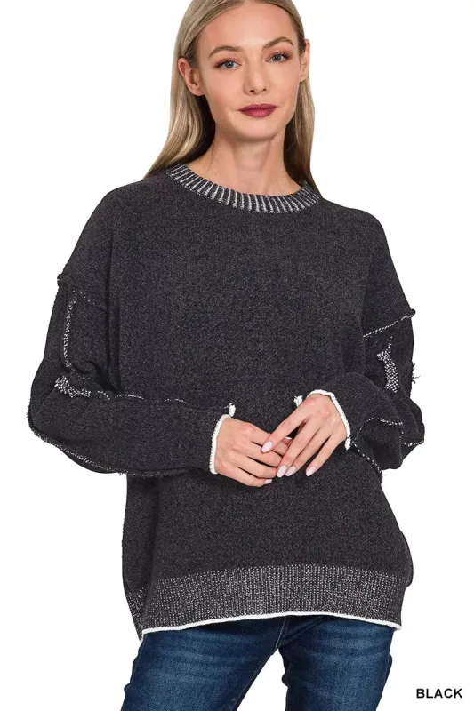 Zenana Exposed Seam Round Neck Two-Tone Sweater sold by Charming Charlie