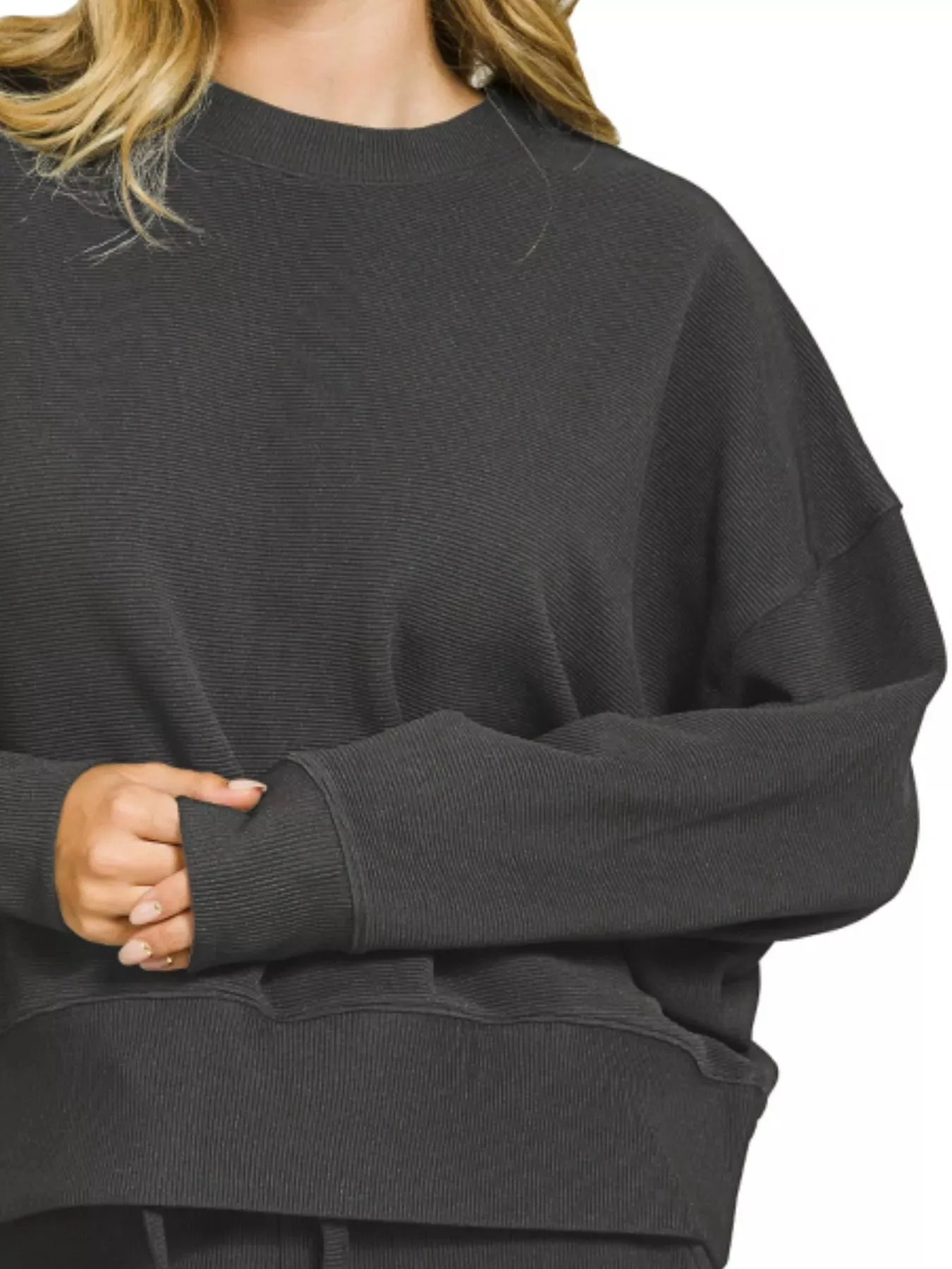 Zenana Ribbed Round Neck Pullover and Shorts Set sold by Charming Charlie product image thumbnail 3