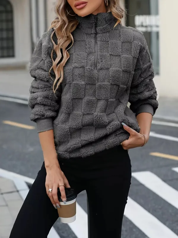 Cozy Checkered Fleece Quarter Zip Sweatshirt sold by Charming Charlie