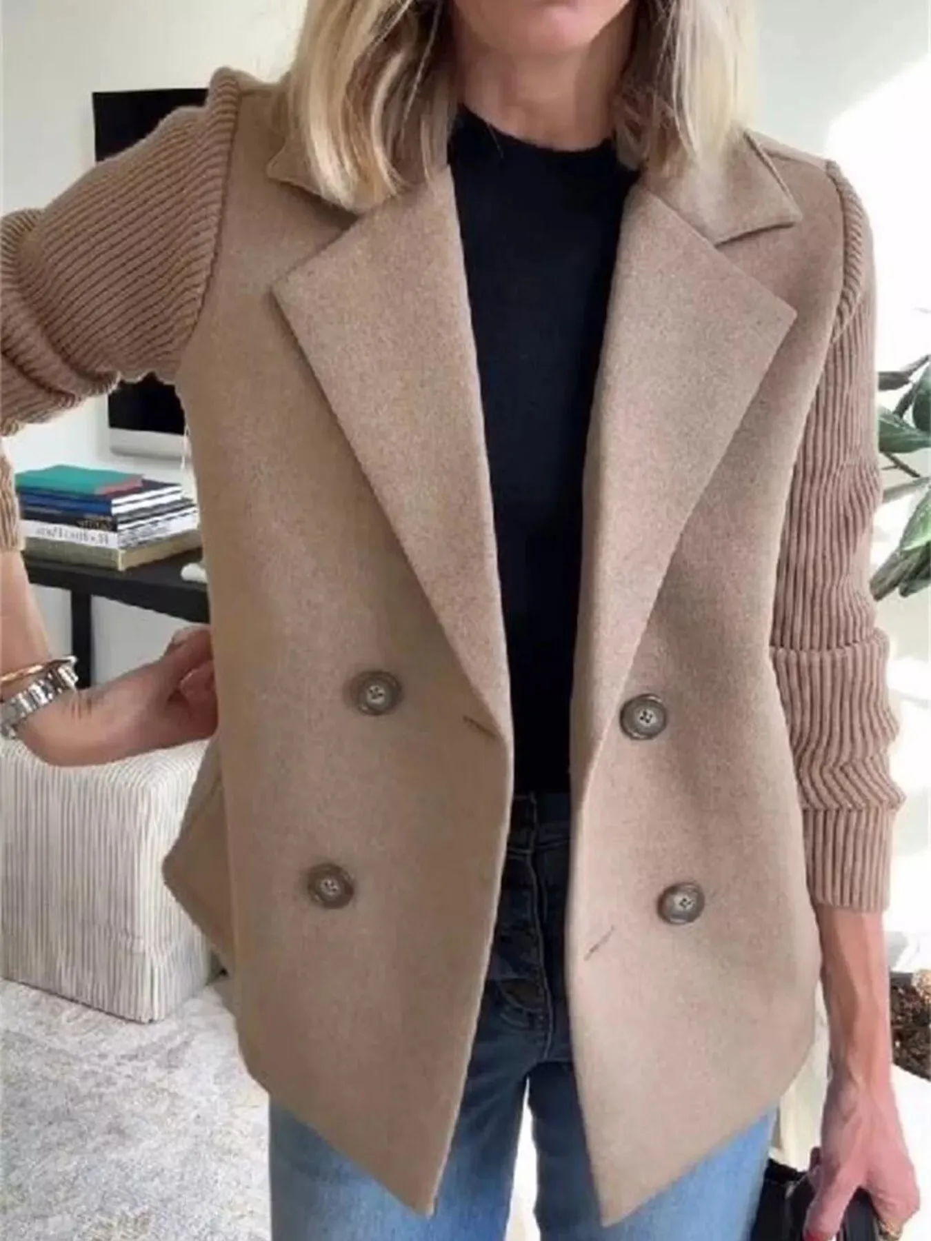 Full Size Knitted Sleeve Wool Blend Double-Breasted Blazer Plus Size sold by Charming Charlie