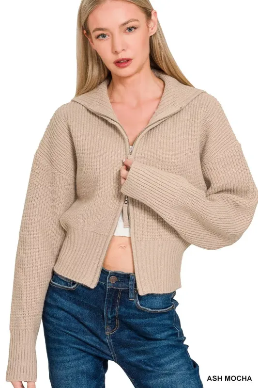 Zenana Ribbed Collared Zip Up Sweater Cardigan sold by Charming Charlie