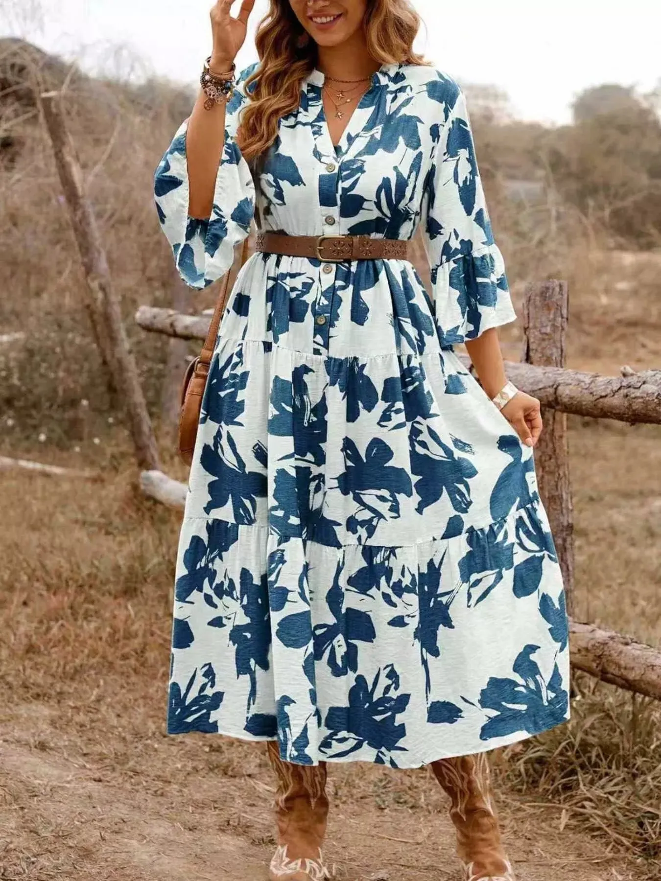 Floral Print Button Front Tiered Dress sold by Charming Charlie product image thumbnail 2