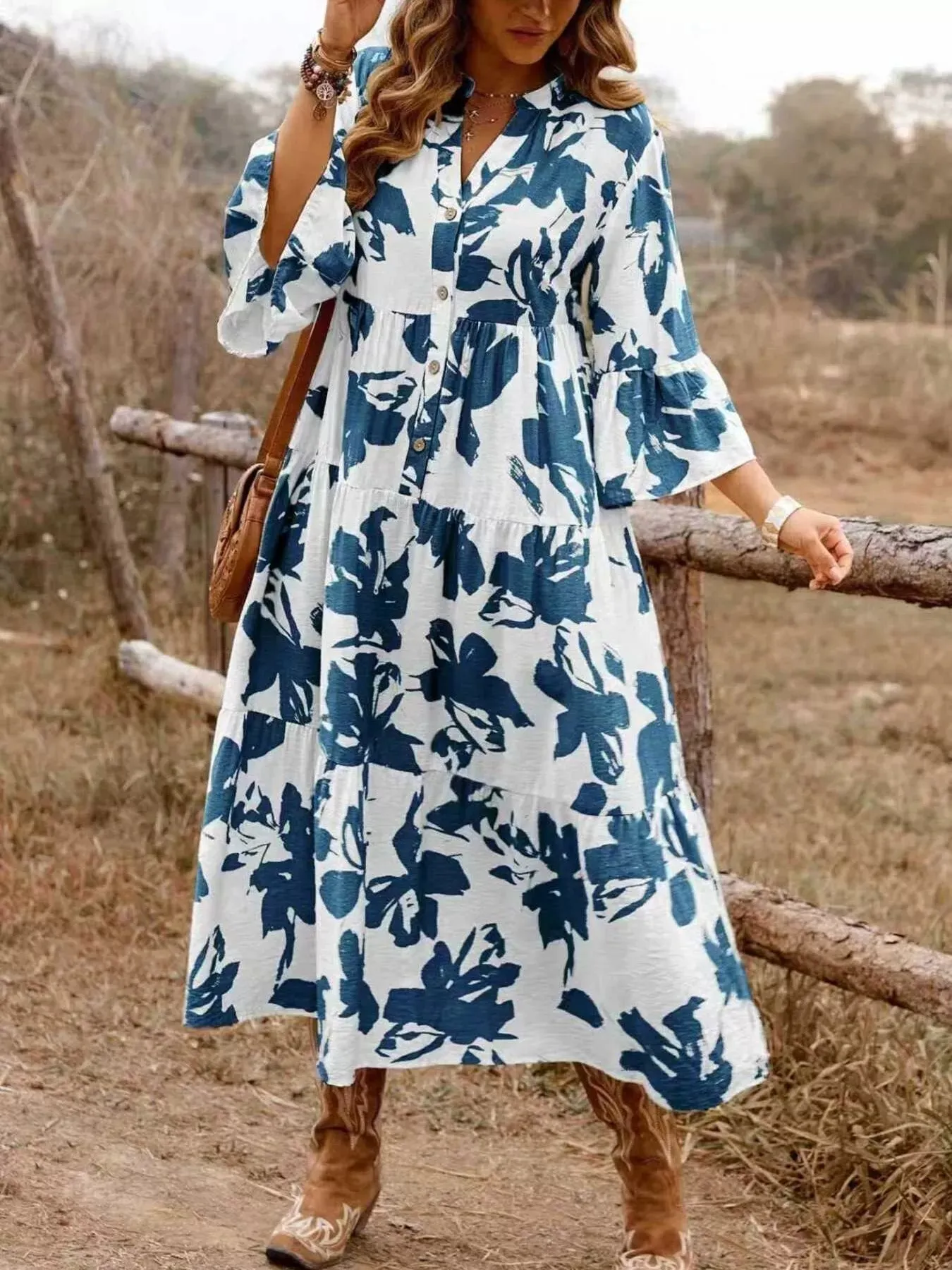 Floral Print Button Front Tiered Dress sold by Charming Charlie product image thumbnail 3