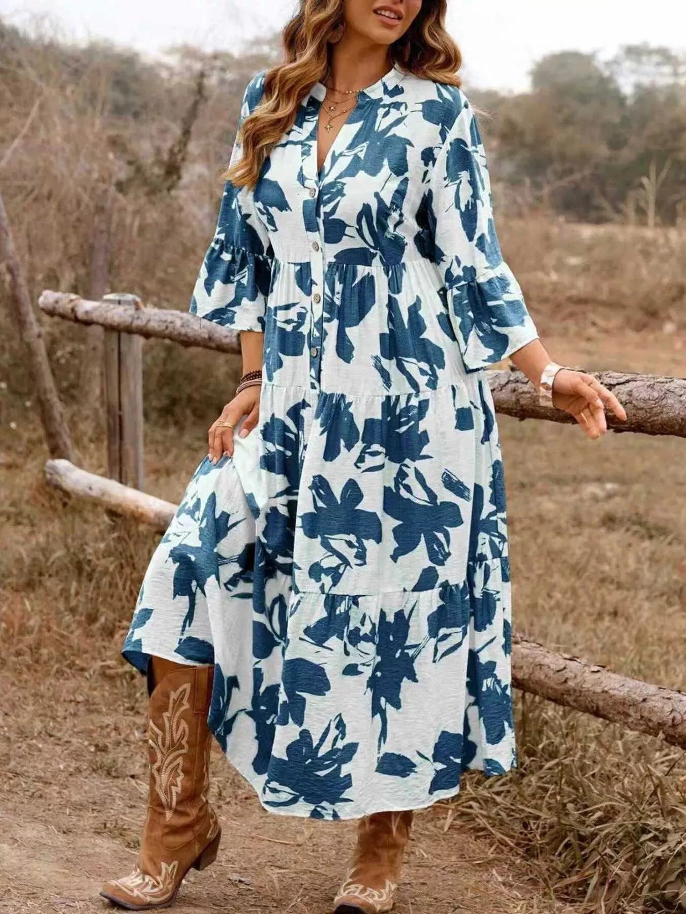 Floral Print Button Front Tiered Dress sold by Charming Charlie product image thumbnail 4