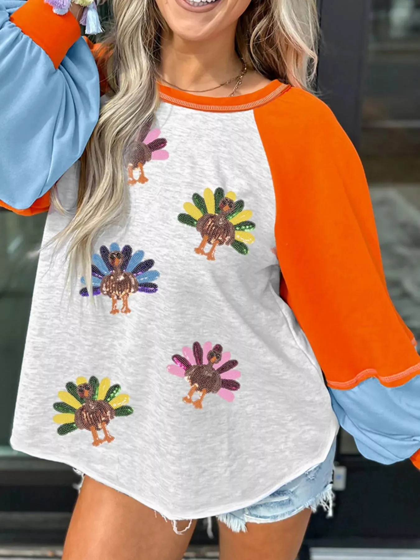 Thanksgiving Turkey Sequin Color Block Raglan Sleeve Top sold by Charming Charlie product image thumbnail 3