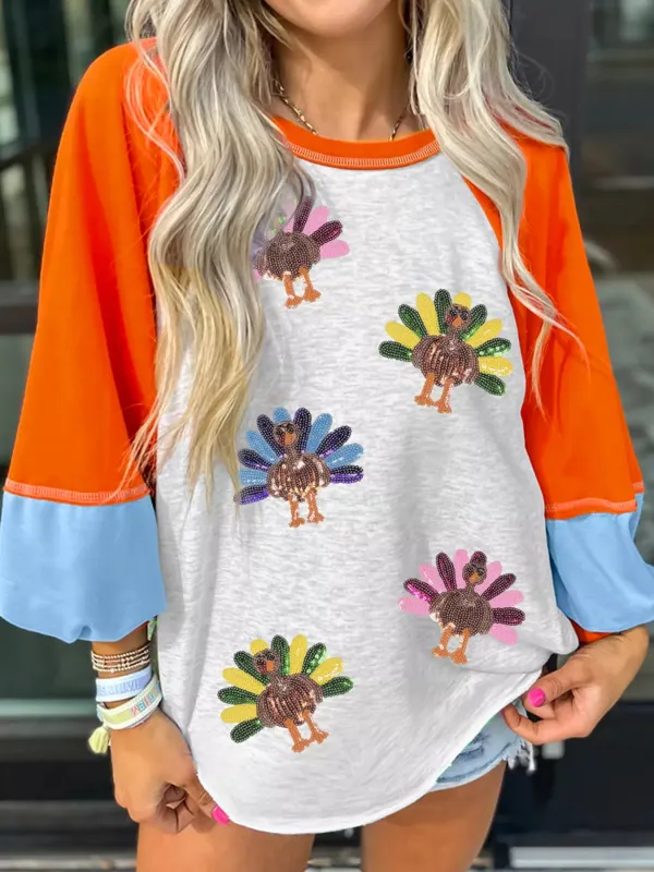 Thanksgiving Turkey Sequin Color Block Raglan Sleeve Top sold by Charming Charlie